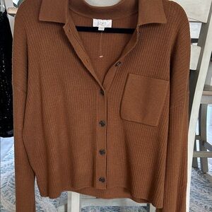 LOFT Brown Ribbed Button-Front Cardigan with Patch Pocket
